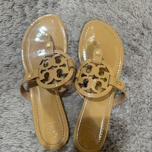 Tory Burch Tan Leather Sandals with Gold Medallion